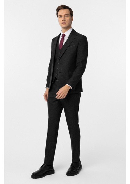 Siyah Slim Fit Desenli Sivri Yaka 6 Drop Yelekli Klasik Takım Elbise