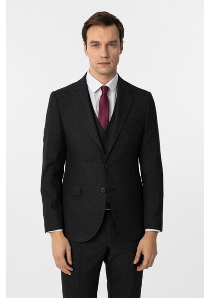Siyah Slim Fit Desenli Sivri Yaka 6 Drop Yelekli Klasik Takım Elbise