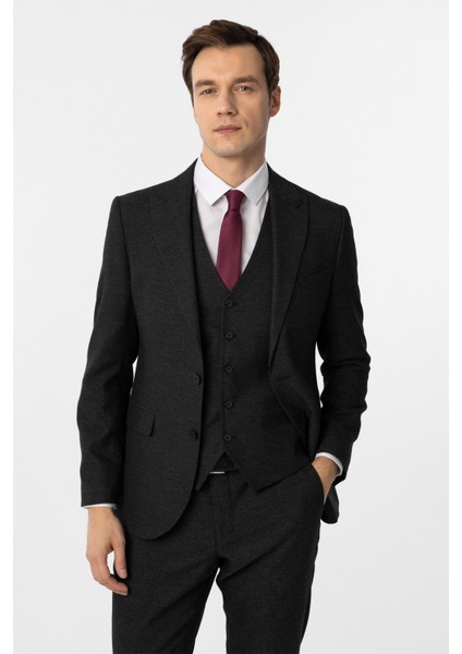 Siyah Slim Fit Desenli Sivri Yaka 6 Drop Yelekli Klasik Takım Elbise