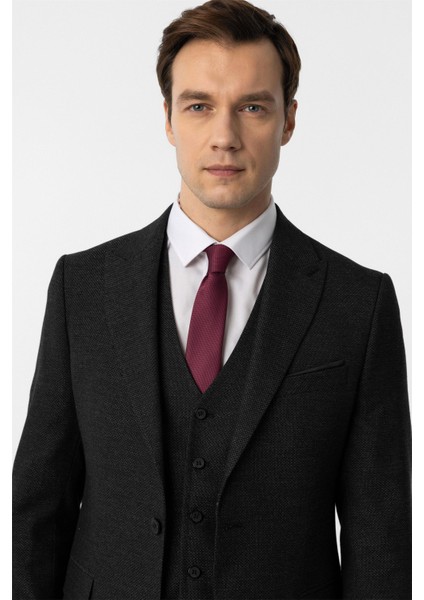 Siyah Slim Fit Desenli Sivri Yaka 6 Drop Yelekli Klasik Takım Elbise