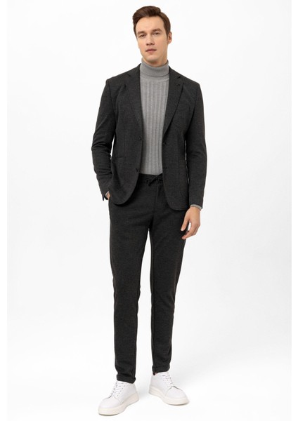 Antrasit Slim Fit Armürlü Mono Yaka 6 Drop Klasik Takım Elbise
