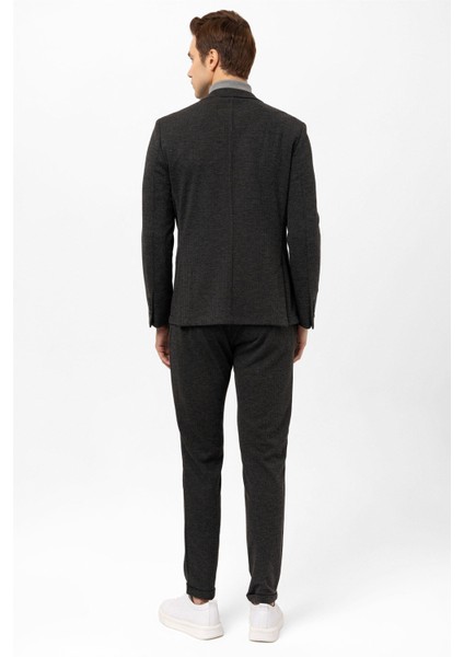 Antrasit Slim Fit Armürlü Mono Yaka 6 Drop Klasik Takım Elbise
