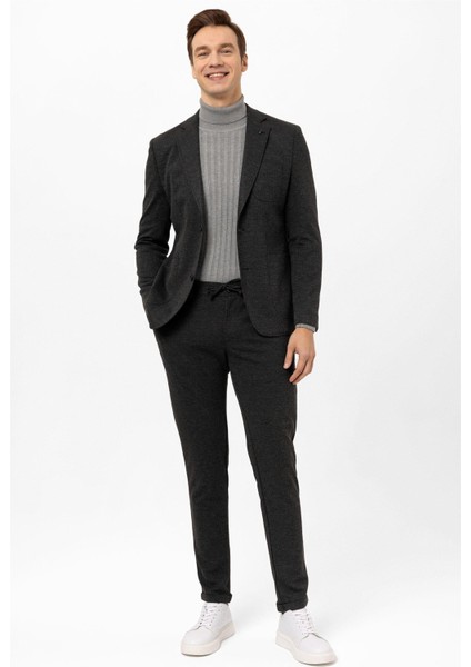 Antrasit Slim Fit Armürlü Mono Yaka 6 Drop Klasik Takım Elbise
