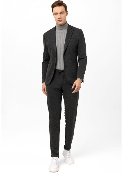 Antrasit Slim Fit Armürlü Mono Yaka 6 Drop Klasik Takım Elbise