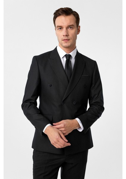 Siyah Slim Fit Çizgili Sivri Yaka 6 Drop Klasik Takım Elbise fiyatları