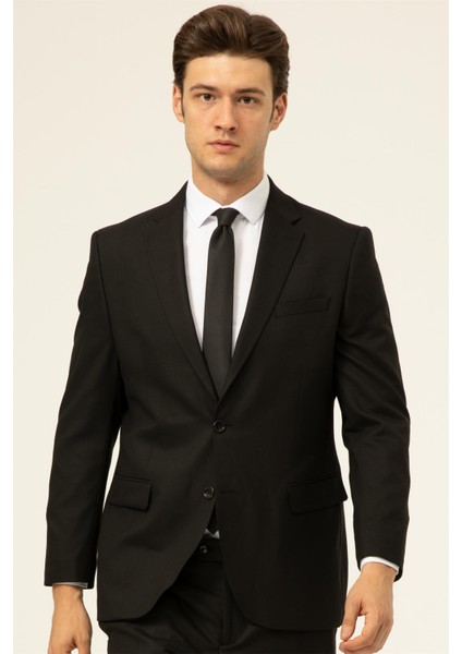 Siyah Regular Düz Mono Yaka 4 Drop Klasik Takım Elbise