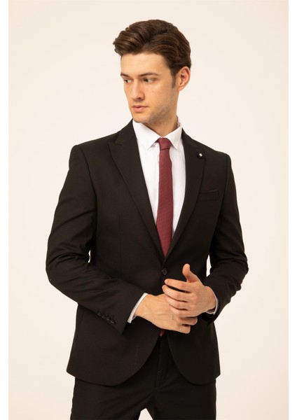 Siyah Slim Fit Düz Sivri Yaka 6 Drop Klasik Takım Elbise