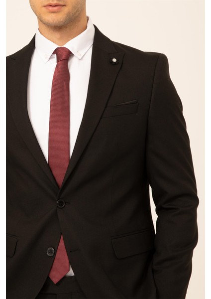 Siyah Slim Fit Düz Sivri Yaka 6 Drop Klasik Takım Elbise