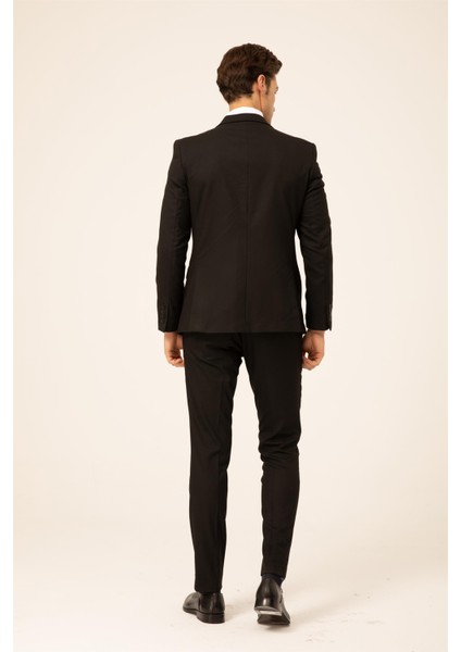Siyah Slim Fit Düz Sivri Yaka 6 Drop Klasik Takım Elbise