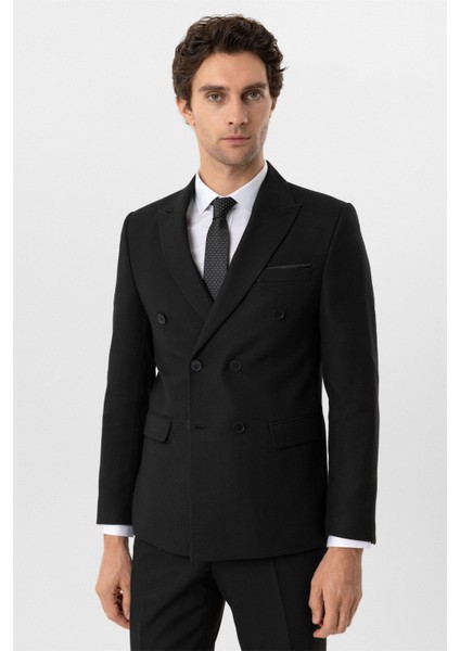 Siyah Slim Fit Armürlü Sivri Yaka 6 Drop Klasik Takım Elbise