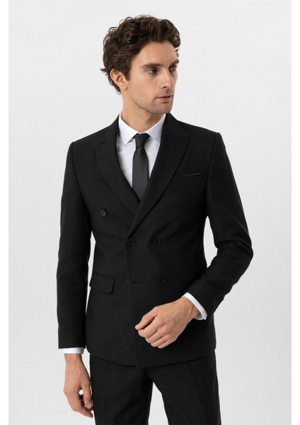 Siyah Slim Fit Armürlü Sivri Yaka 6 Drop Klasik Takım Elbise