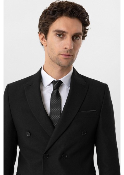 Siyah Slim Fit Armürlü Sivri Yaka 6 Drop Klasik Takım Elbise