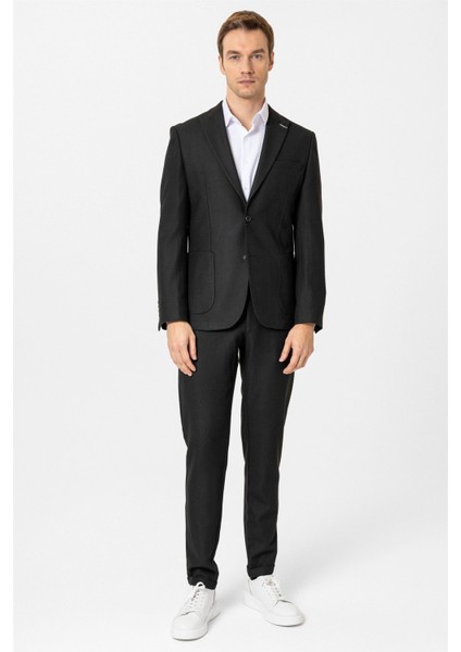 Siyah Slim Fit Desenli Sivri Yaka 6 Drop Spor Takım Elbise