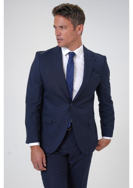 Lacivert Regular Armürlü Sivri Yaka 4 Drop Klasik Takım Elbise modelleri