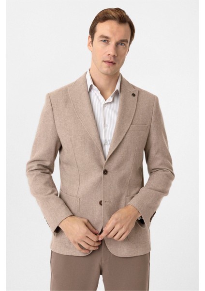 Bej Slim Fit Sivri Yaka 6 Drop Ceket