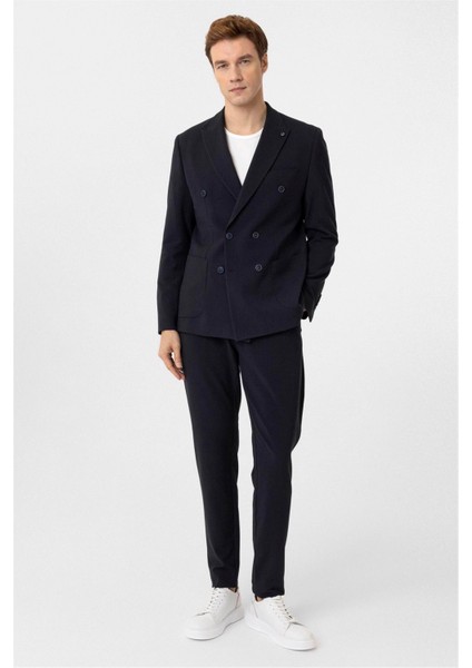 Lacivert Slim Fit Düz Kruvaze Yaka 6 Drop Spor Takım Elbise modelleri