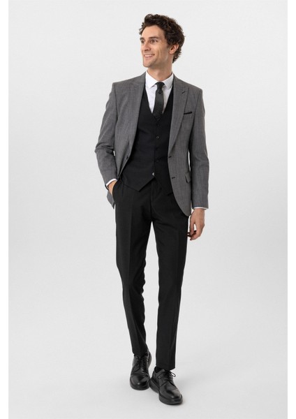 Siyah Slim Fit Desenli Sivri Yaka 6 Drop Yelekli Klasik Takım Elbise