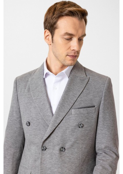 Gri Slim Fit Desenli Kruvaze Yaka 6 Drop Spor Takım Elbise