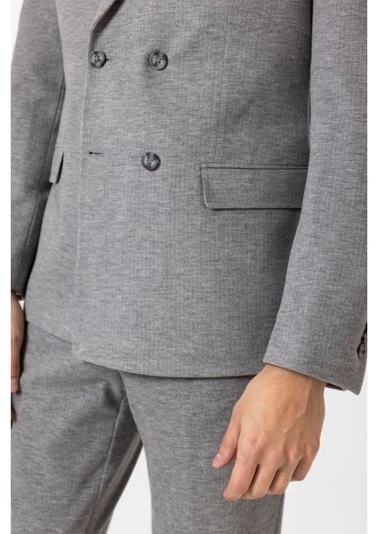 Gri Slim Fit Desenli Kruvaze Yaka 6 Drop Spor Takım Elbise