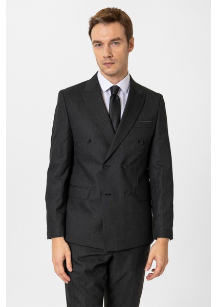 Siyah Slim Fit Düz Kruvaze Yaka 6 Drop Klasik Takım Elbise