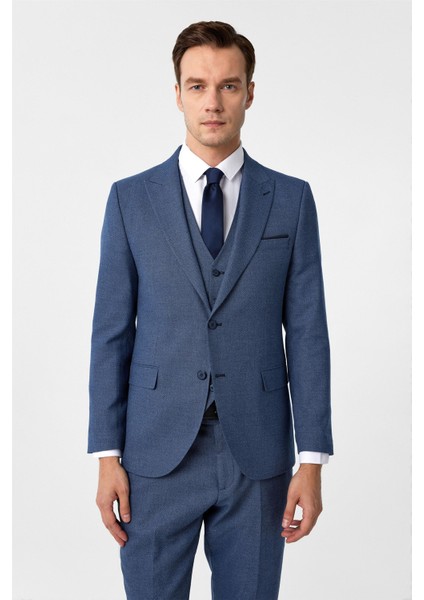 Parlament Mavi Slim Fit Desenli Mono Yaka 6 Drop Yelekli Klasik Takım Elbise