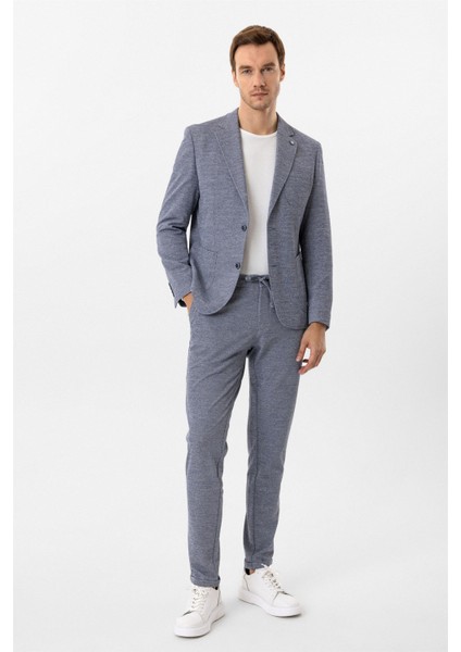Parlament Mavi Slim Fit Desenli Mono Yaka 6 Drop Spor Takım Elbise