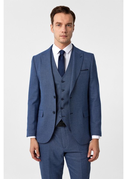 Parlament Mavi Slim Fit Desenli Mono Yaka 6 Drop Yelekli Klasik Takım Elbise