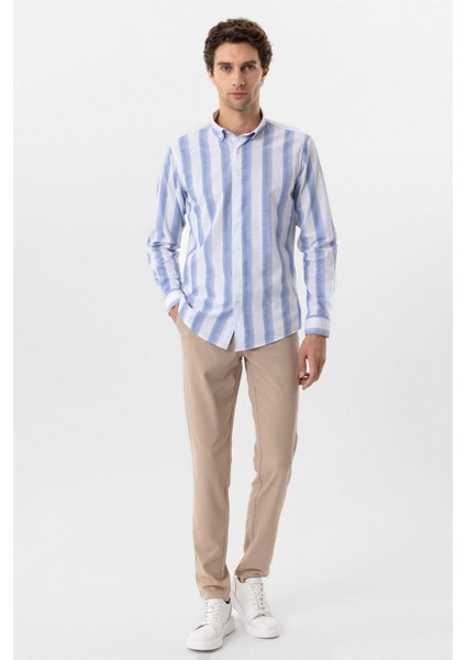 Mavi Slim Fit Desenli Düğmeli Yaka Çizgili Gömlek modelleri