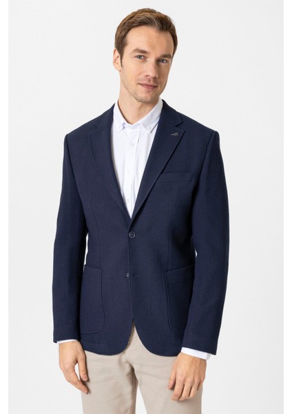 Lacivert Slim Fit Düz Mono Yaka 6 Drop Ceket