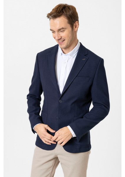 Lacivert Slim Fit Düz Mono Yaka 6 Drop Ceket
