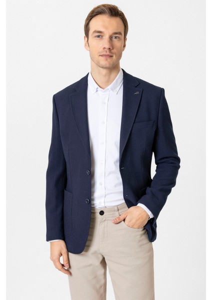 Lacivert Slim Fit Düz Mono Yaka 6 Drop Ceket