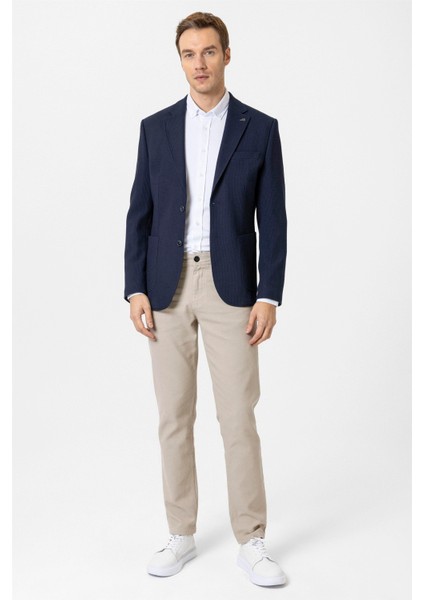 Lacivert Slim Fit Düz Mono Yaka 6 Drop Ceket