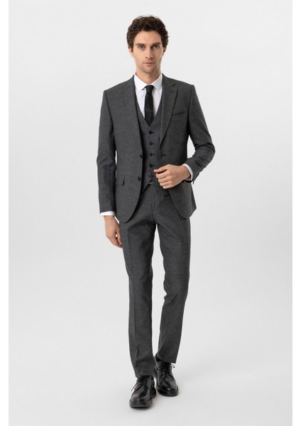 Siyah Slim Fit Desenli Mono Yaka 6 Drop Yelekli Klasik Takım Elbise