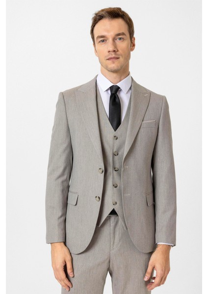 Ekru Slim Fit Desenli Sivri Yaka 6 Drop Yelekli Klasik Takım Elbise
