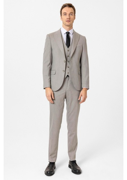 Ekru Slim Fit Desenli Sivri Yaka 6 Drop Yelekli Klasik Takım Elbise