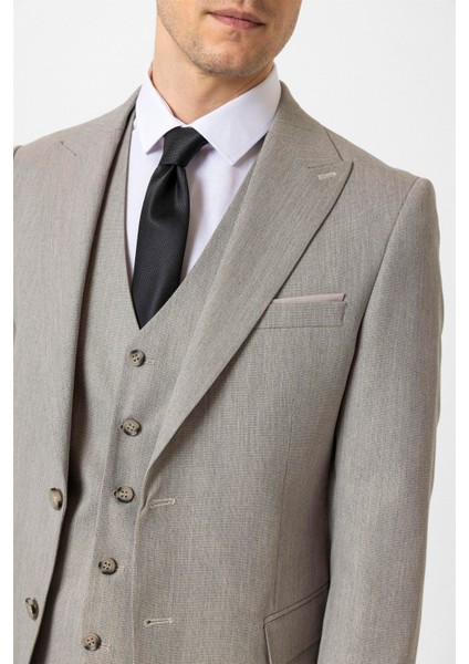 Ekru Slim Fit Desenli Sivri Yaka 6 Drop Yelekli Klasik Takım Elbise