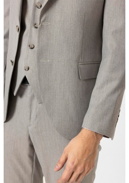 Ekru Slim Fit Desenli Sivri Yaka 6 Drop Yelekli Klasik Takım Elbise