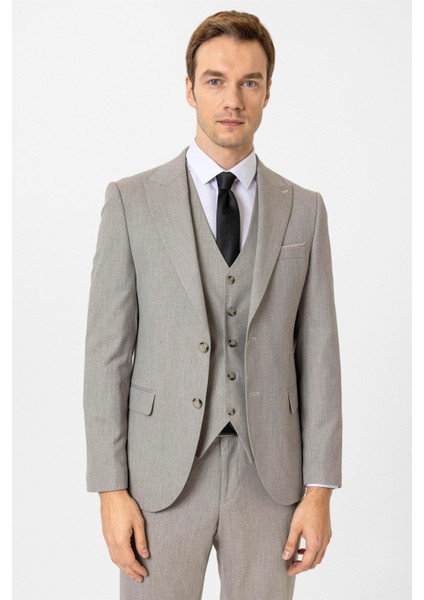 Ekru Slim Fit Desenli Sivri Yaka 6 Drop Yelekli Klasik Takım Elbise