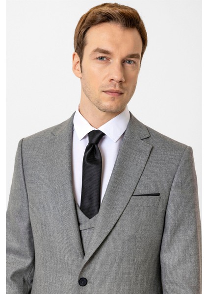 Antrasit Slim Fit Desenli Mono Yaka 6 Drop Yelekli Klasik Takım Elbise