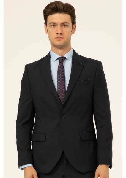Lacivert Slim Fit Düz Sivri Yaka 6 Drop Klasik Takım Elbise