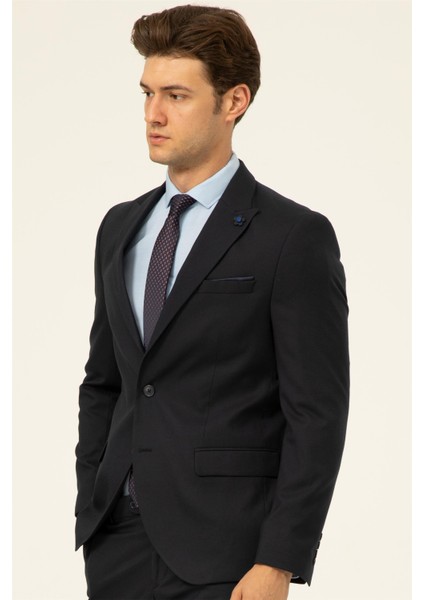 Lacivert Slim Fit Düz Sivri Yaka 6 Drop Klasik Takım Elbise