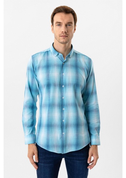Turkuaz Slim Fit Desenli Düğmeli Yaka Gömlek