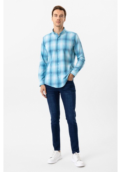Turkuaz Slim Fit Desenli Düğmeli Yaka Gömlek modelleri