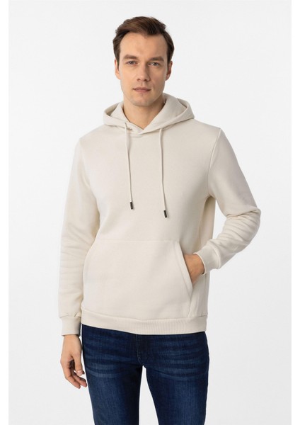 Bej Regular Düz Kapüşonlu Yaka Sweatshirt
