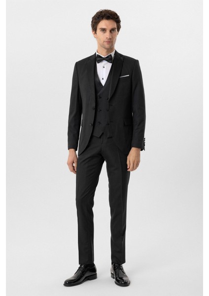 Siyah Slim Fit Armürlü Sivri Yaka 6 Drop Smokin & Damatlık