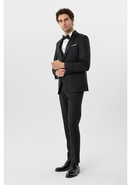 Siyah Slim Fit Armürlü Sivri Yaka 6 Drop Smokin & Damatlık fiyatları