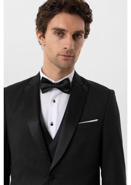 Siyah Slim Fit Armürlü Sivri Yaka 6 Drop Smokin & Damatlık indirimleri