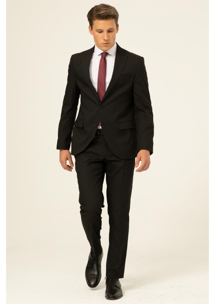 Siyah Slim Fit Armürlü Sivri Yaka 6 Drop Takım Elbise