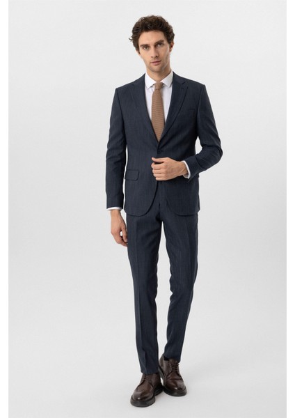 Lacivert Slim Fit Desenli Mono Yaka 6 Drop Klasik Takım Elbise