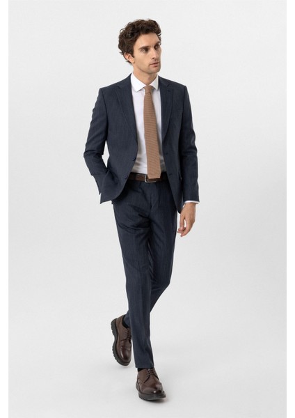 Lacivert Slim Fit Desenli Mono Yaka 6 Drop Klasik Takım Elbise